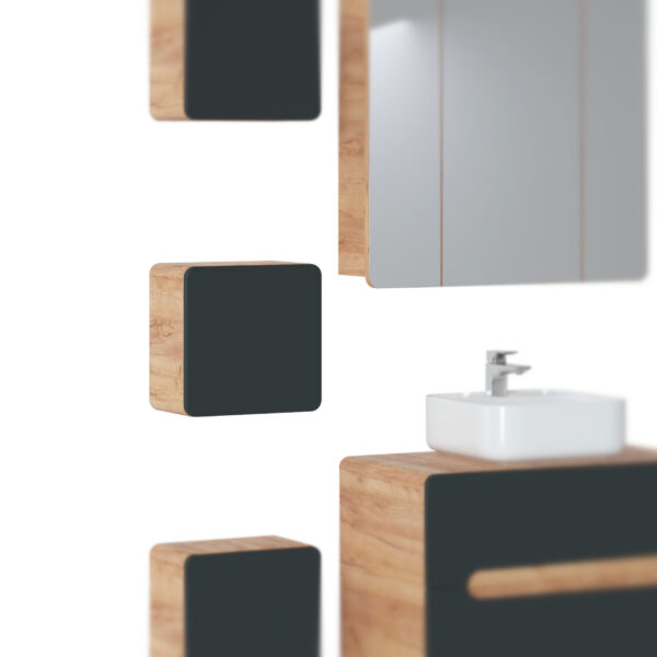 Square Wall-Mounted Bathroom Cabinet ARVIDA – Oak Finish – Grey Front – Rounded Corners – 35 x 35 x 22 cm - Image 2