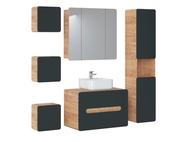 Square Wall-Mounted Bathroom Cabinet ARVIDA – Oak Finish – Grey Front – Rounded Corners – 35 x 35 x 22 cm - Image 4