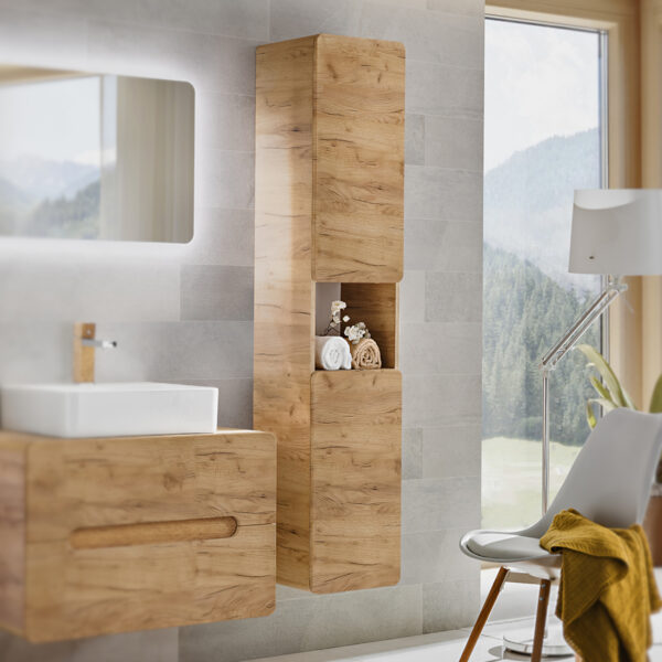Tall Wall-Mounted Bathroom Cabinet ARVIDA – Oak Finish – 2 Doors – Rounded Corners – 35 x 170 x 35 cm - Image 2