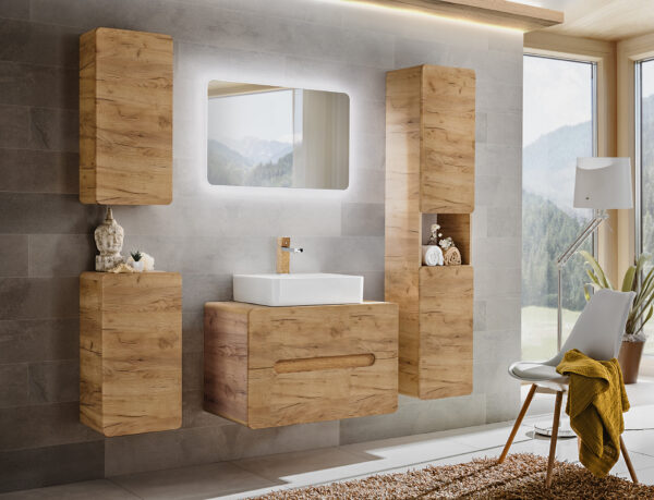 Tall Wall-Mounted Bathroom Cabinet ARVIDA – Oak Finish – 2 Doors – Rounded Corners – 35 x 170 x 35 cm - Image 4