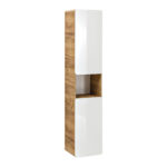 Tall Wall-Mounted Bathroom Cabinet ARVIDA – Oak Finish – White Front – 2 Doors – Rounded Corners – 35 x 170 x 35 cm