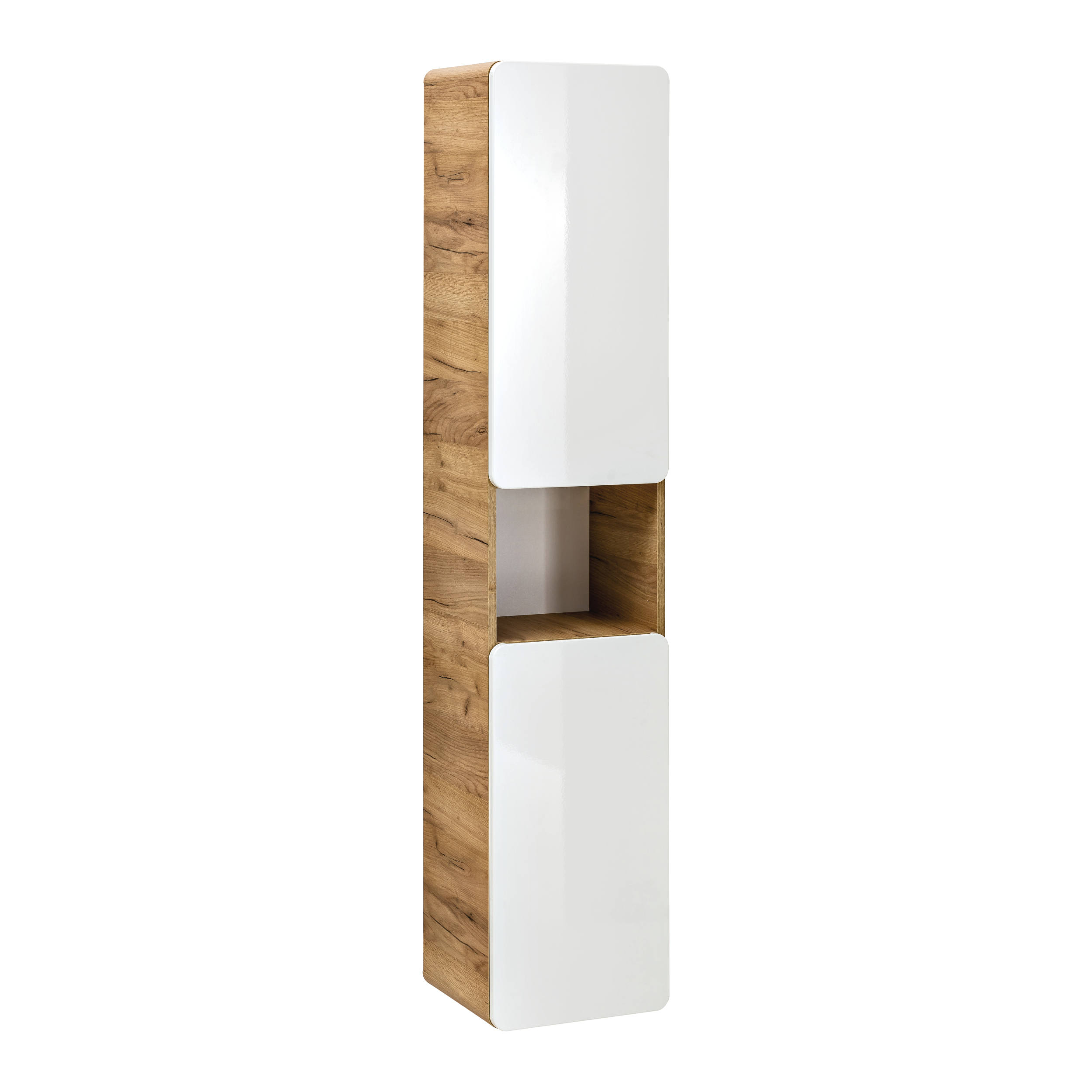 XMEBLAZSZKCM00401201_00-2.jpg Tall Wall-Mounted Bathroom Cabinet ARVIDA – Oak Finish – White Front – 2 Doors – Rounded Corners – 35 x 170 x 35 cm - Image 1