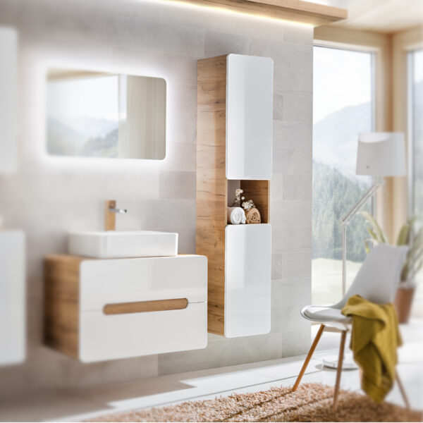 Tall Wall-Mounted Bathroom Cabinet ARVIDA – Oak Finish – White Front – 2 Doors – Rounded Corners – 35 x 170 x 35 cm - Image 2