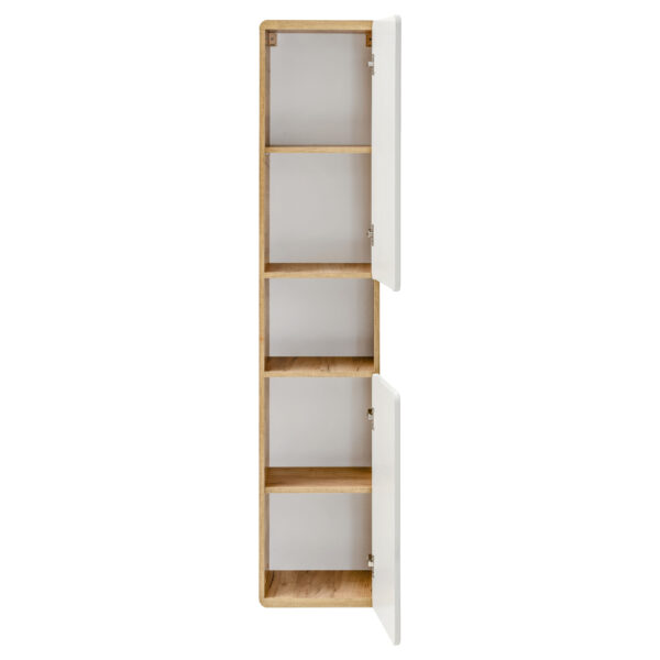 Tall Wall-Mounted Bathroom Cabinet ARVIDA – Oak Finish – White Front – 2 Doors – Rounded Corners – 35 x 170 x 35 cm - Image 4