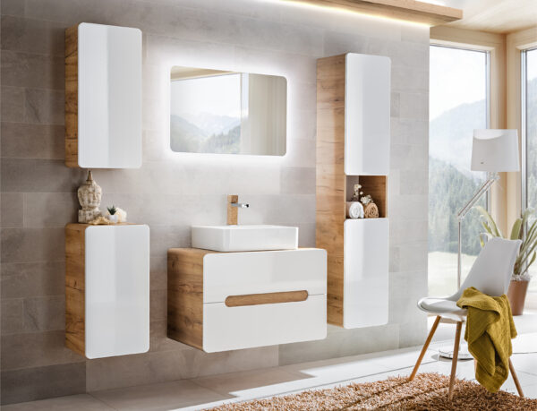 Tall Wall-Mounted Bathroom Cabinet ARVIDA – Oak Finish – White Front – 2 Doors – Rounded Corners – 35 x 170 x 35 cm - Image 5