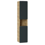 Tall Wall-Mounted Bathroom Cabinet ARVIDA – Oak Finish – Grey Front – 2 Doors – Rounded Corners – 35 x 170 x 35 cm