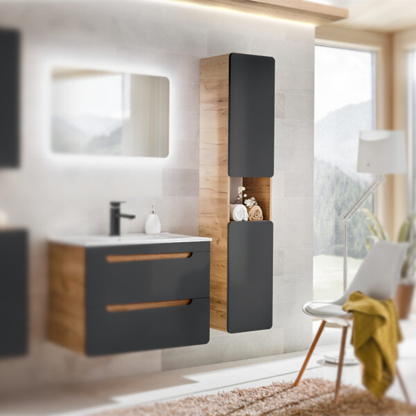 Tall Wall-Mounted Bathroom Cabinet ARVIDA – Oak Finish – Grey Front – 2 Doors – Rounded Corners – 35 x 170 x 35 cm - Image 2