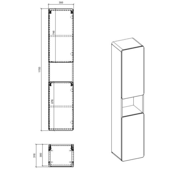 Tall Wall-Mounted Bathroom Cabinet ARVIDA – Oak Finish – Grey Front – 2 Doors – Rounded Corners – 35 x 170 x 35 cm - Image 3