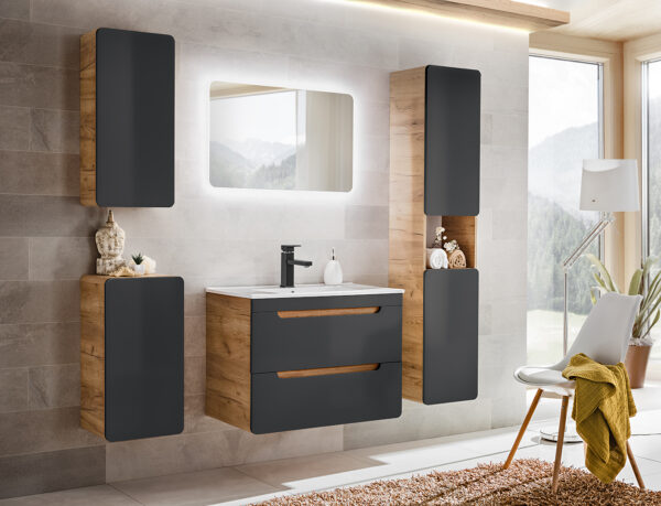 Tall Wall-Mounted Bathroom Cabinet ARVIDA – Oak Finish – Grey Front – 2 Doors – Rounded Corners – 35 x 170 x 35 cm - Image 4
