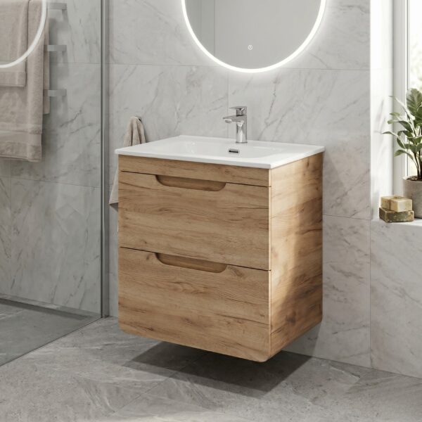 Wall-Mounted Vanity Unit ARVIDA – Oak Finish – 2 Drawers – 60 x 59 x 46 cm - Image 2