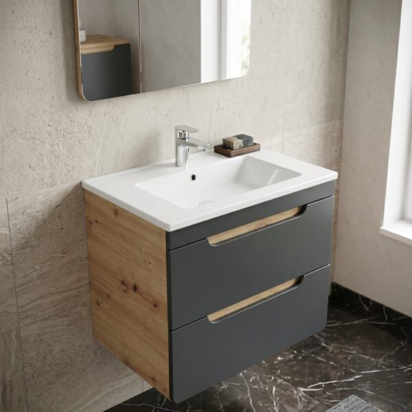 Wall-Mounted Vanity Unit ARVIDA – Oak Finish – Grey Front – 2 Drawers – 60 x 59 x 46 cm - Image 2