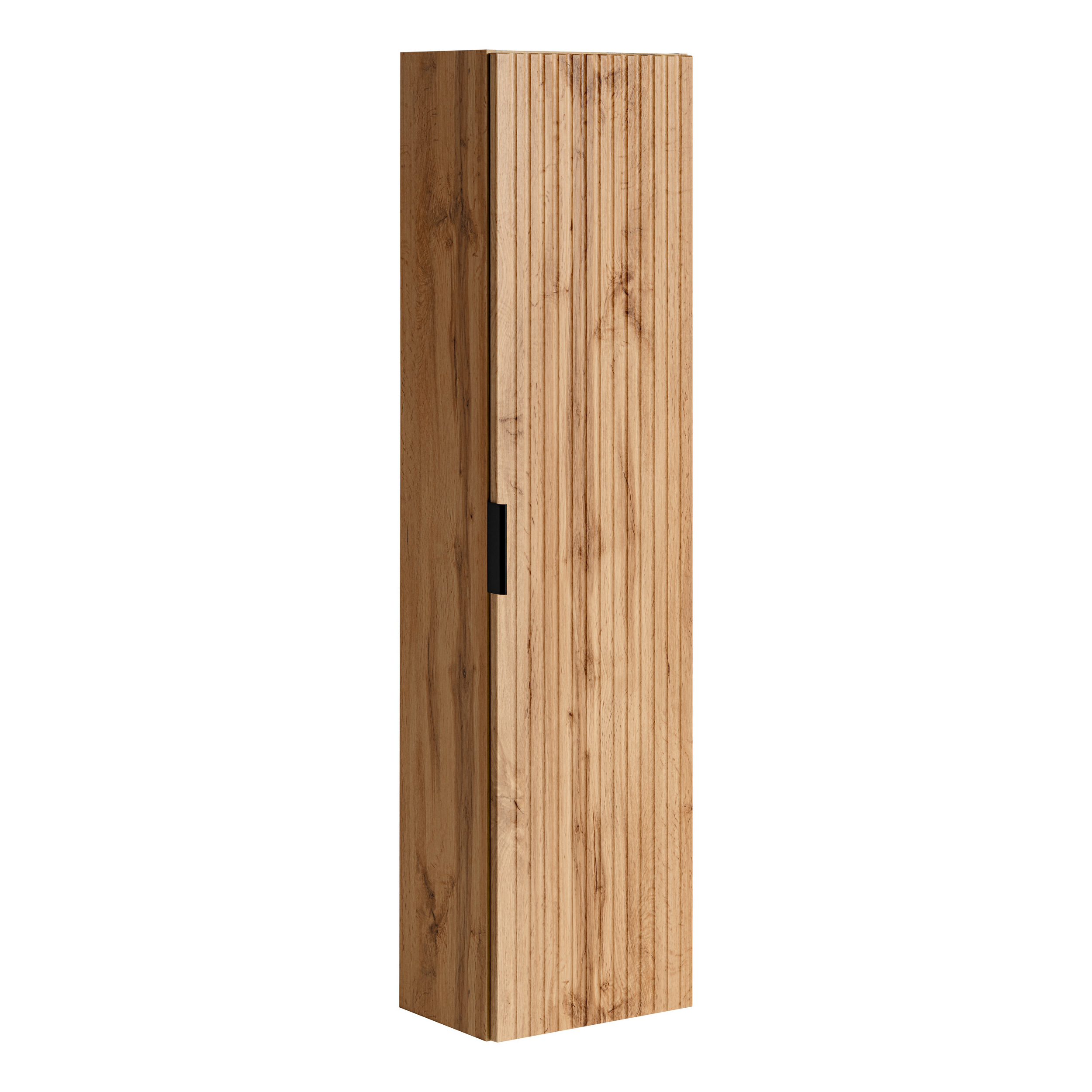 XMEBLAZSZKCM00701101_00-2.jpg Tall Wall-Mounted Bathroom Cabinet ADEN – Wotan Oak – Grooved Fronts – 35 x 140 x 25 cm - Image 1