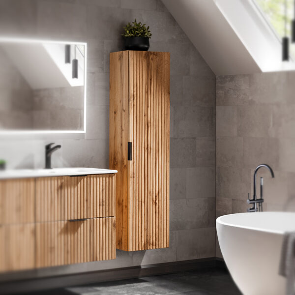 Tall Wall-Mounted Bathroom Cabinet ADEN – Wotan Oak – Grooved Fronts – 35 x 140 x 25 cm - Image 2