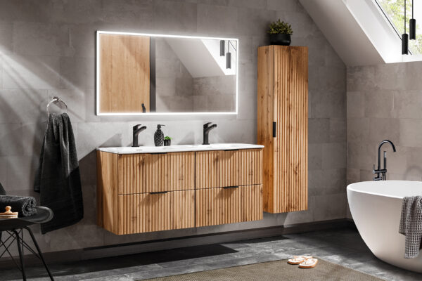 Tall Wall-Mounted Bathroom Cabinet ADEN – Wotan Oak – Grooved Fronts – 35 x 140 x 25 cm - Image 4