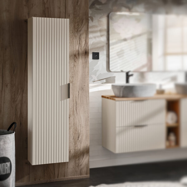Tall Wall-Mounted Bathroom Cabinet ADEN – Cashmere – Grooved Fronts – 35 x 140 x 25 cm - Image 2