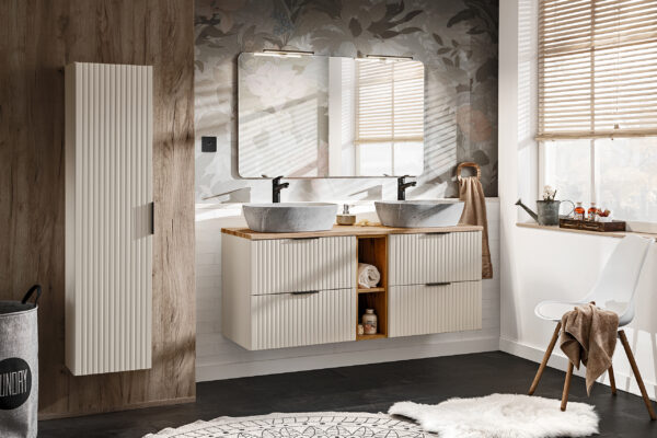 Tall Wall-Mounted Bathroom Cabinet ADEN – Cashmere – Grooved Fronts – 35 x 140 x 25 cm - Image 4