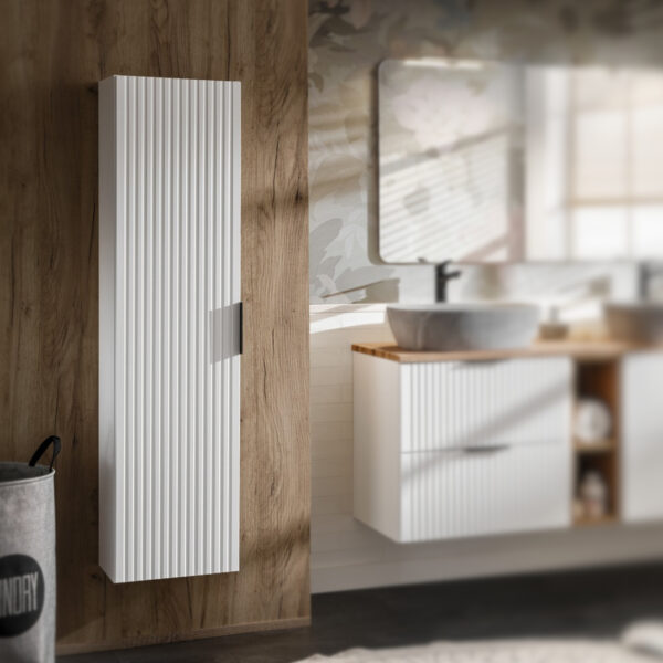 Tall Wall-Mounted Bathroom Cabinet ADEN – White – Grooved Fronts – 35 x 140 x 25 cm - Image 2