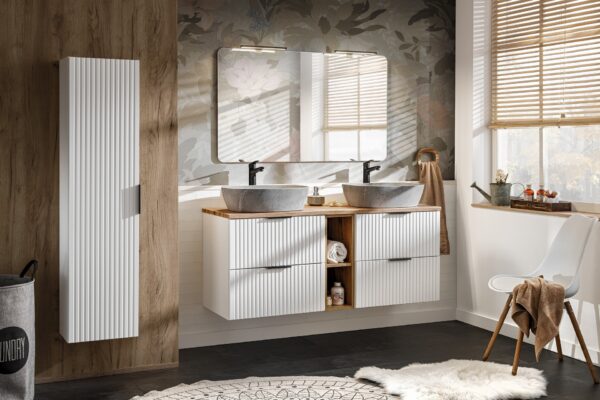 Tall Wall-Mounted Bathroom Cabinet ADEN – White – Grooved Fronts – 35 x 140 x 25 cm - Image 4