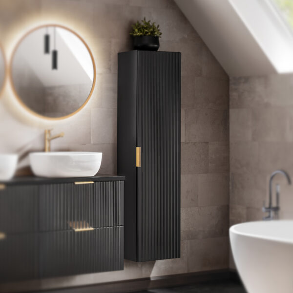 Tall Wall-Mounted Bathroom Cabinet ADEN – Black – Grooved Fronts – 35 x 140 x 25 cm - Image 2