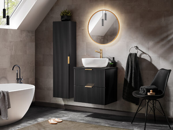 Tall Wall-Mounted Bathroom Cabinet ADEN – Black – Grooved Fronts – 35 x 140 x 25 cm - Image 4