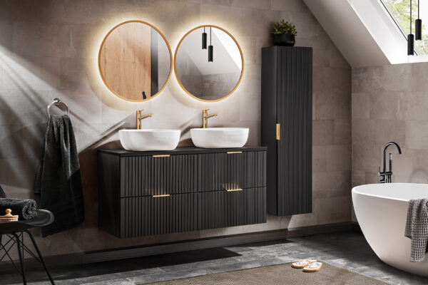 Tall Wall-Mounted Bathroom Cabinet ADEN – Black – Grooved Fronts – 35 x 140 x 25 cm - Image 5