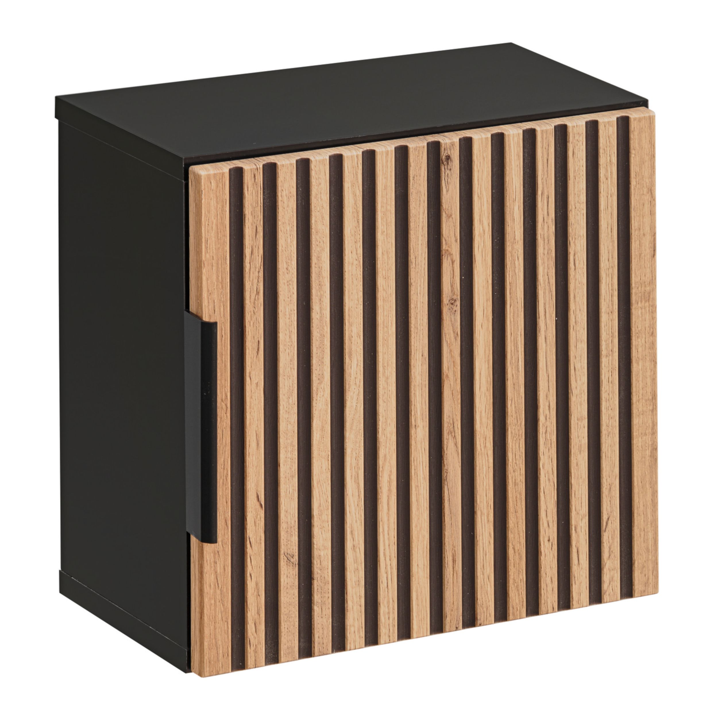 XMEBLAZSZKCM00801101_00-2.jpg Square Wall-Mounted Bathroom Cabinet TILO – Black Body – Grooved Wotan Oak Fronts – 35 x 35 x 22 cm - Image 1