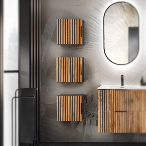 Square Wall-Mounted Bathroom Cabinet TILO – Black Body – Grooved Wotan Oak Fronts – 35 x 35 x 22 cm - Image 2