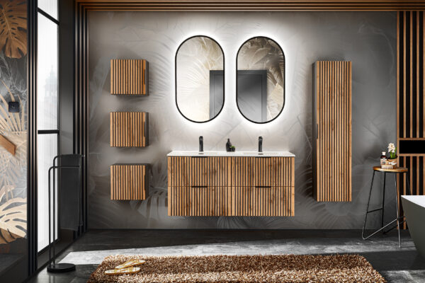 Square Wall-Mounted Bathroom Cabinet TILO – Black Body – Grooved Wotan Oak Fronts – 35 x 35 x 22 cm - Image 4