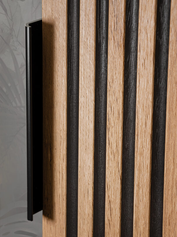 Square Wall-Mounted Bathroom Cabinet TILO – Black Body – Grooved Wotan Oak Fronts – 35 x 35 x 22 cm - Image 6