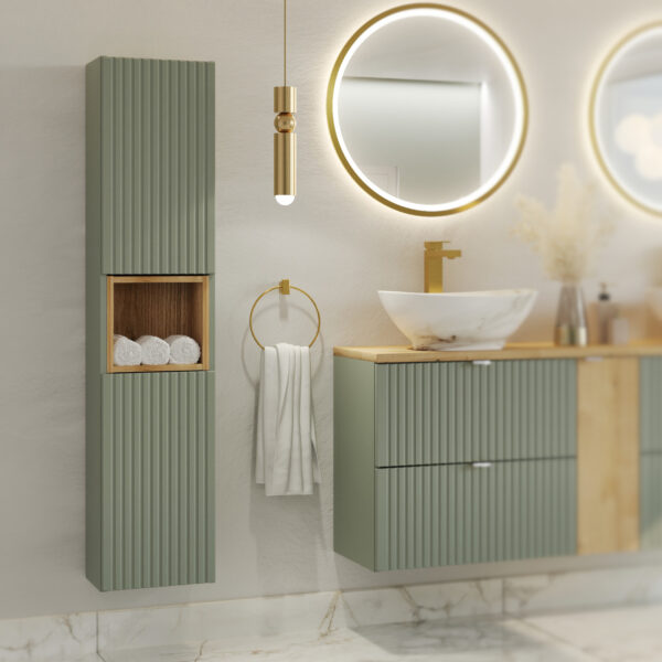 Tall Wall-Mounted Bathroom Cabinet NALVIK – Green – 2 Doors – Grooved Fronts – 30 x 140 x 25 cm - Image 2