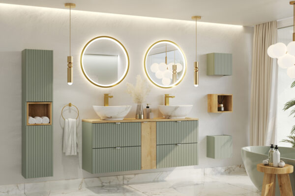 Tall Wall-Mounted Bathroom Cabinet NALVIK – Green – 2 Doors – Grooved Fronts – 30 x 140 x 25 cm - Image 4