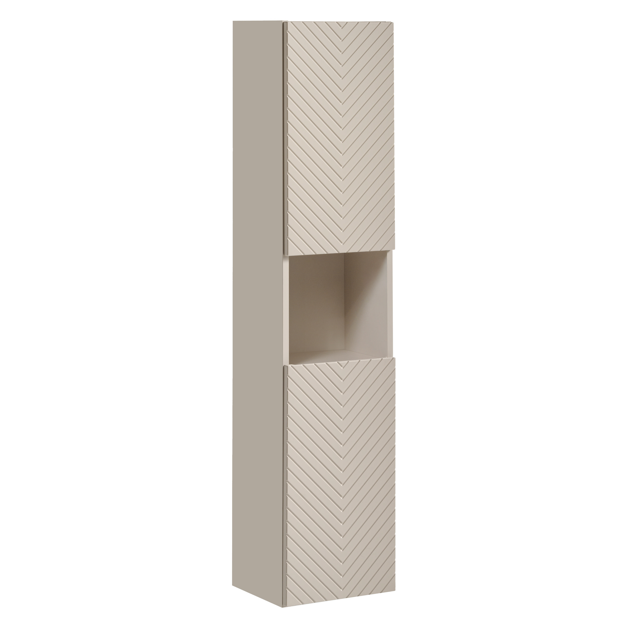 XMEBLAZSZKCM00901201_00-2.jpg Tall Wall-Mounted Bathroom Cabinet NALVIK – Cashmere – 2 Doors – Grooved Fronts – 30 x 140 x 25 cm - Image 1