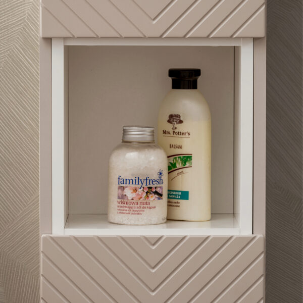 Tall Wall-Mounted Bathroom Cabinet NALVIK – Cashmere – 2 Doors – Grooved Fronts – 30 x 140 x 25 cm - Image 6