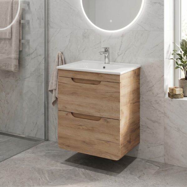 Wall-Mounted Vanity Unit ARVIDA – Oak Finish – 2 Drawers – 40 x 59 x 41 cm - Image 2