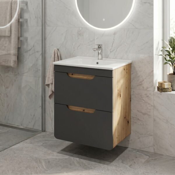 Wall-Mounted Vanity Unit ARVIDA – Oak Finish – Grey Front – 2 Drawers – 40 x 59 x 41 cm - Image 2