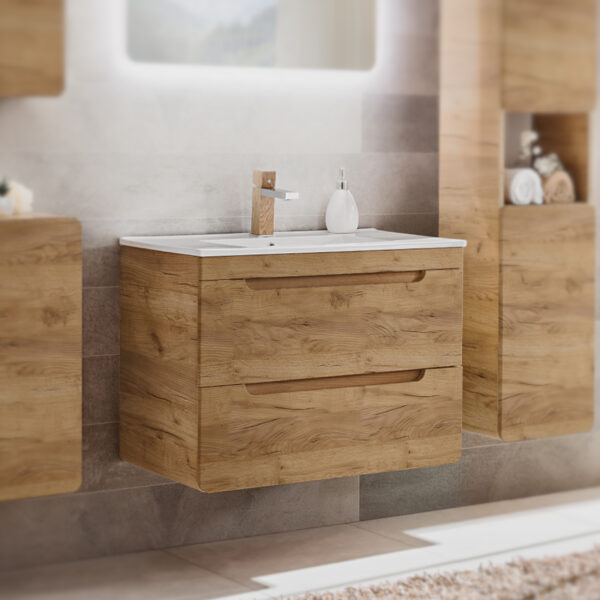 Wall-Mounted Vanity Unit ARVIDA – Oak Finish – 2 Drawers – 80 x 59 x 46 cm - Image 2