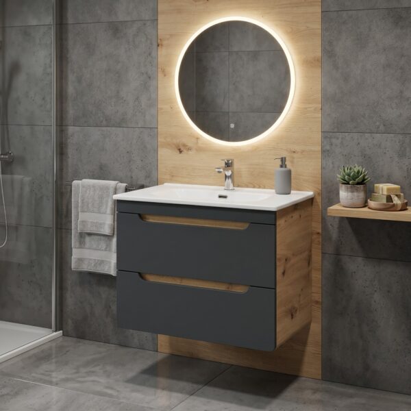 Wall-Mounted Vanity Unit ARVIDA – Oak Finish – Grey Front – 2 Drawers – 80 x 59 x 46 cm - Image 2