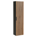 Tall Wall-Mounted Bathroom Cabinet TILO – Black Body – Grooved Wotan Oak Fronts – 35 x 140 x 25 cm