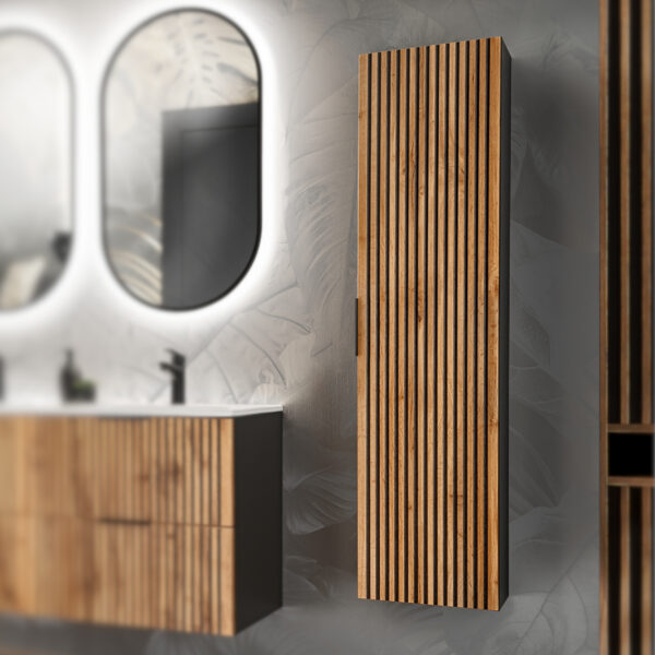 Tall Wall-Mounted Bathroom Cabinet TILO – Black Body – Grooved Wotan Oak Fronts – 35 x 140 x 25 cm - Image 2