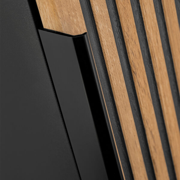 Tall Wall-Mounted Bathroom Cabinet TILO – Black Body – Grooved Wotan Oak Fronts – 35 x 140 x 25 cm - Image 6