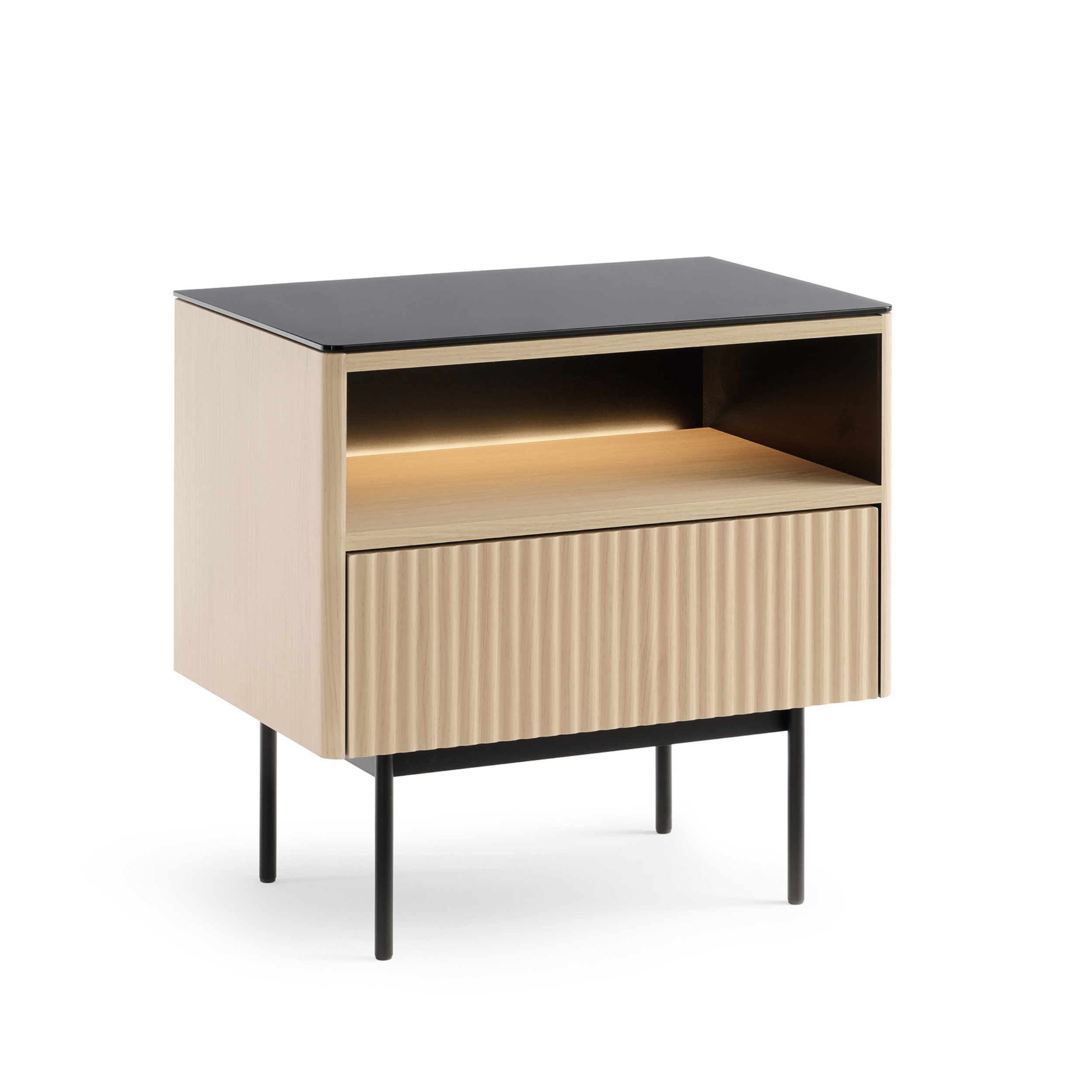 XMEBSKRSTOPI01601202_00-2.jpg Olden Bedside Table - Vicenza Oak - Glass Top - Drawer - 57 x 57 x 39 cm - Image 1