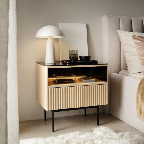 Olden Bedside Table - Vicenza Oak - Glass Top - Drawer - 57 x 57 x 39 cm - Image 2
