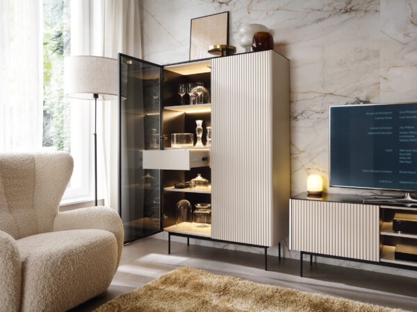 Olden Tall Display Cabinet - Cashmere - Fluted Fronts - Drawer - 107 x 163 x 39 cm - Image 6