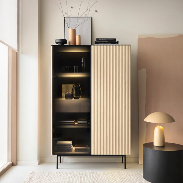 Olden Tall Display Cabinet - Vicenza Oak - Fluted Fronts - Drawer - 107 x 163 x 39 cm - Image 2