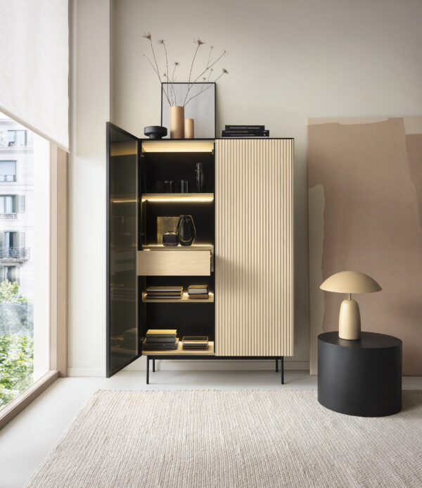 Olden Tall Display Cabinet - Vicenza Oak - Fluted Fronts - Drawer - 107 x 163 x 39 cm - Image 5