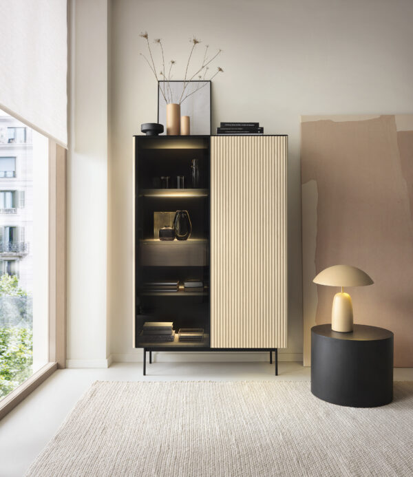 Olden Tall Display Cabinet - Vicenza Oak - Fluted Fronts - Drawer - 107 x 163 x 39 cm - Image 6
