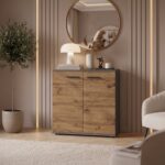 Commode FAUSKE - Spacious - 2-Door - Oak Wotan - Gray - Width 69 cm, Height 74 cm, Depth 34 cm
