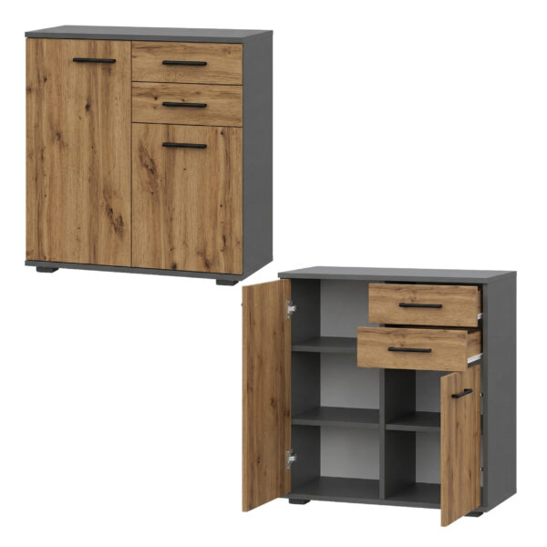 FAUSKE Commode - 2 Drawers - 2 Doors - Wotan Oak - Gray - Width 69 cm, Height 74 cm, Depth 34 cm - Image 4
