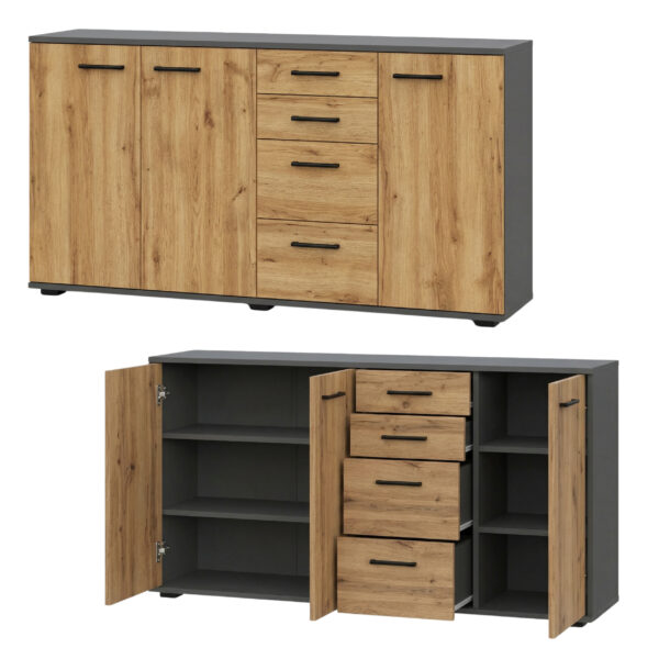 FAUSKE Commode - 4 Drawers - 3 Doors - Wotan Oak - Gray - Width 138 cm, Height 74 cm, Depth 34 cm - Image 4