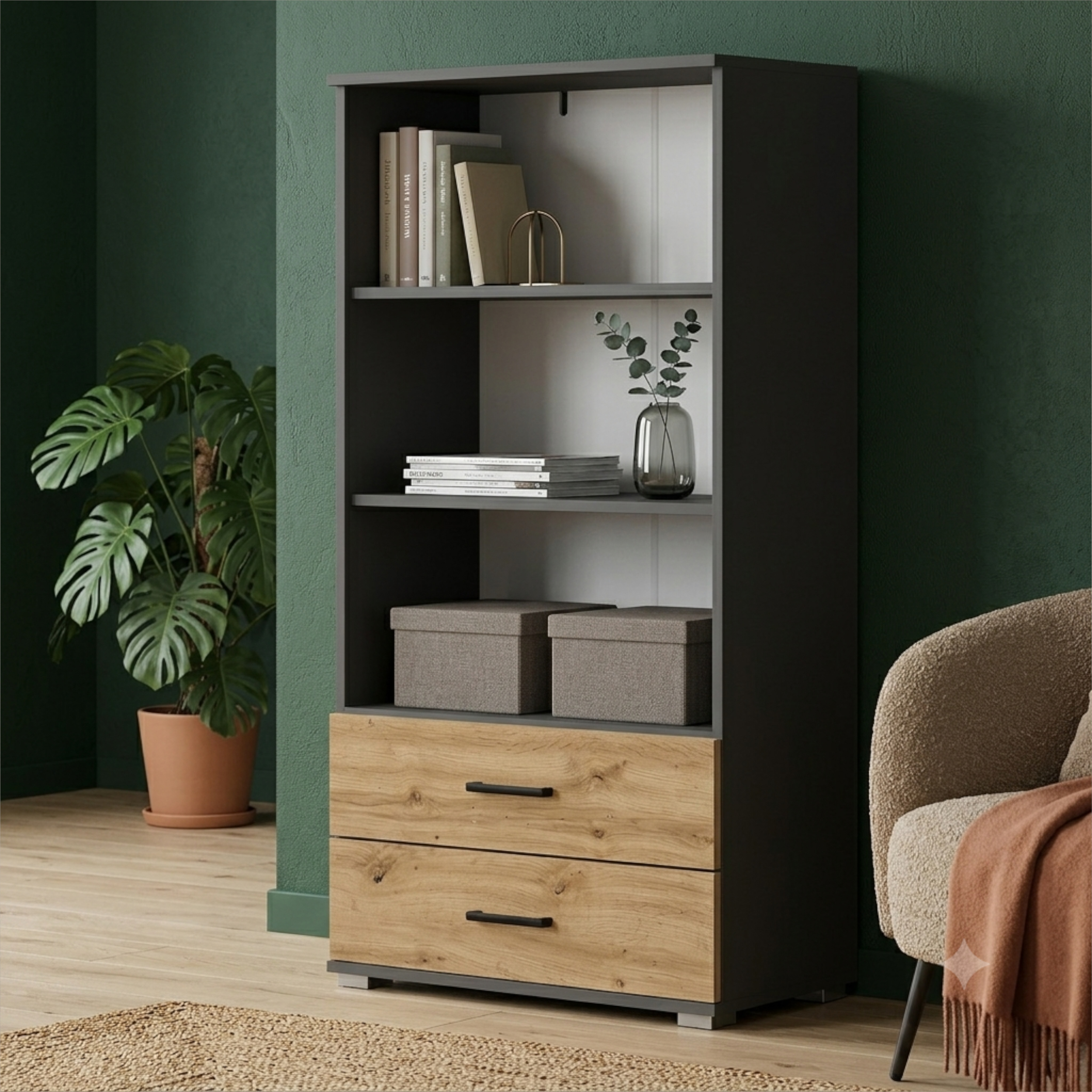 XMEBSKRREGMC00301202_01-2.jpg FAUSKE Shelf - 2 Drawers - Oak - Gray - Width 69 cm, Height 130 cm, Depth 34 cm - Image 1